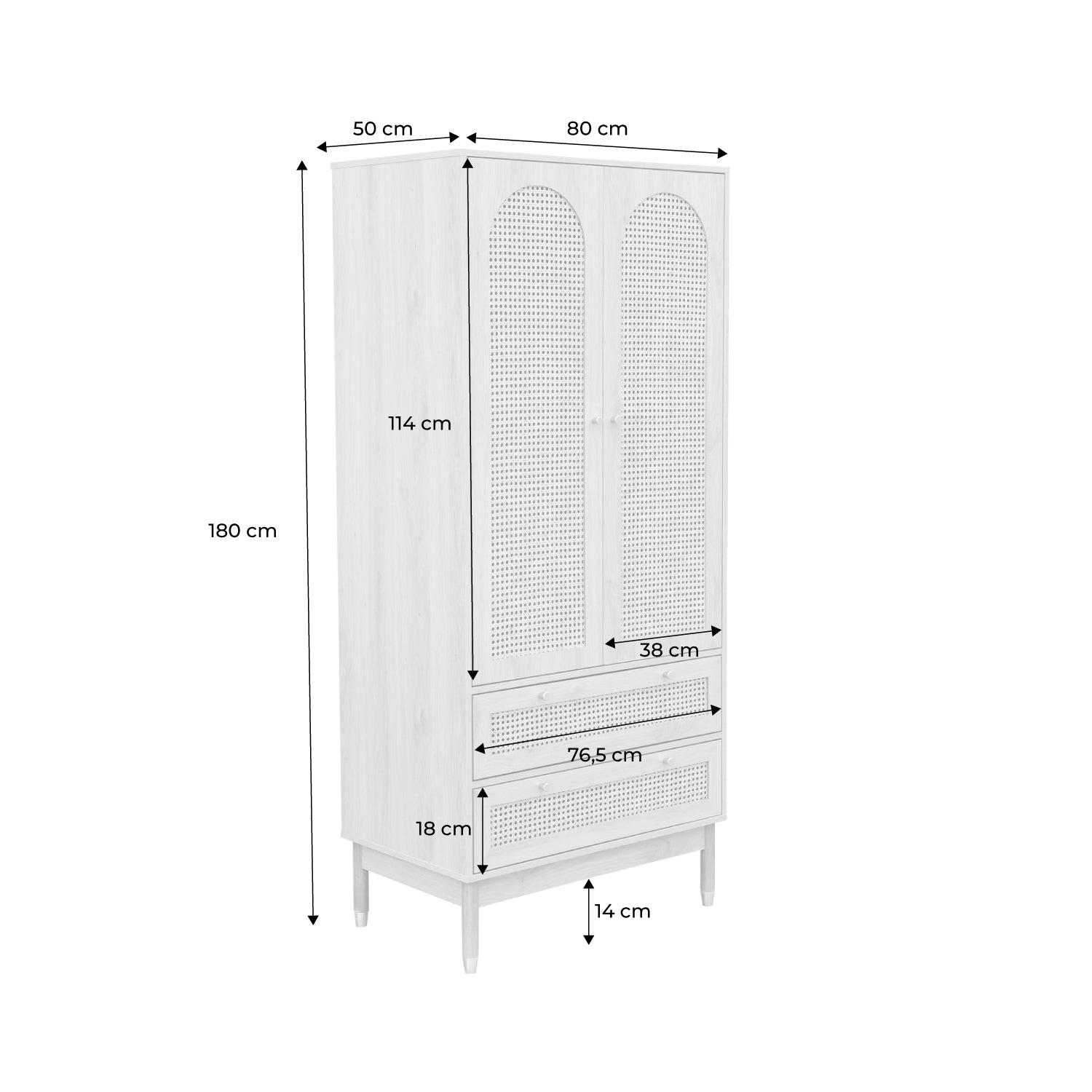 Armadio a due ante con due cassetti in legno intrecciato, marrone