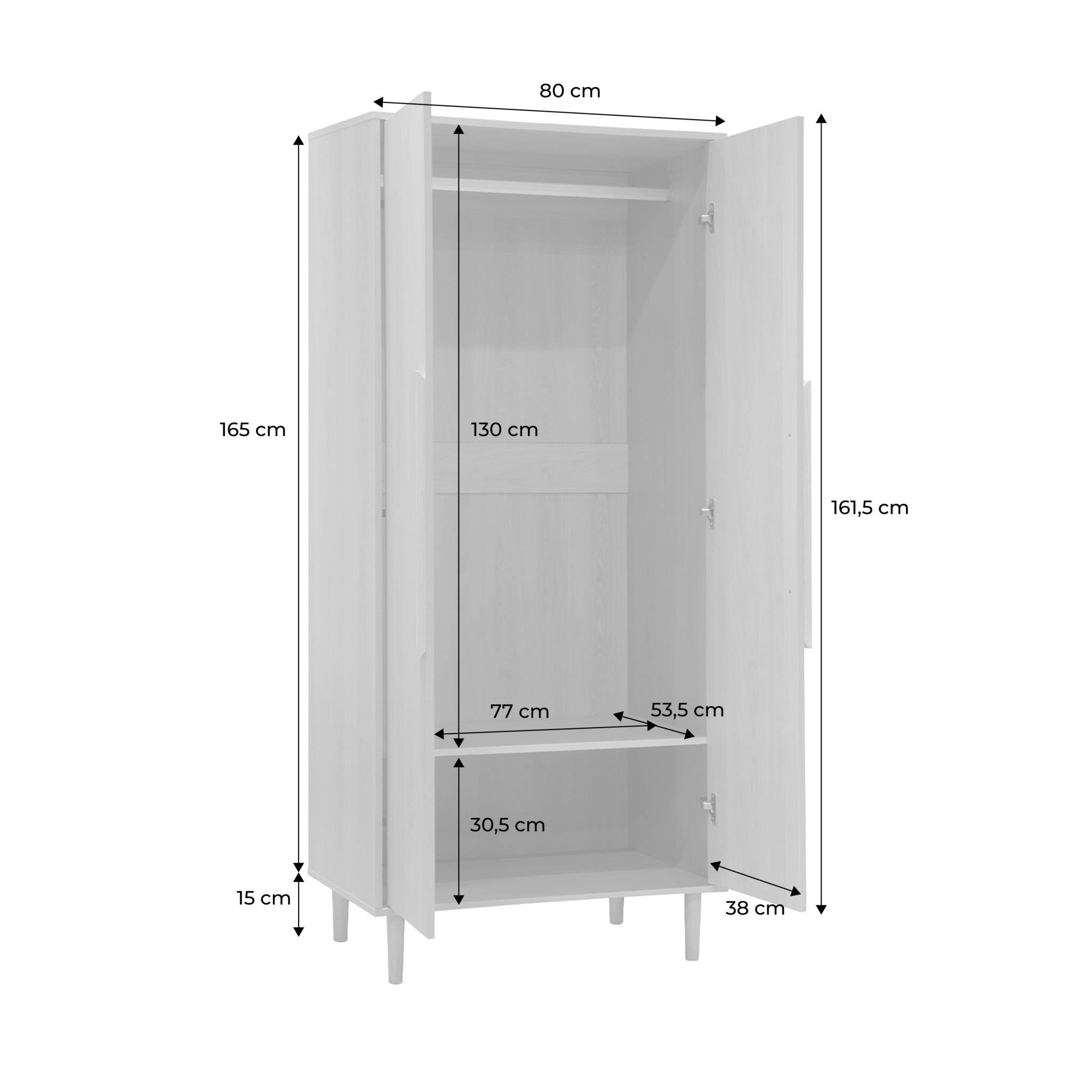 Armadio guardaroba effetto legno 2 ante, ripiani e appendiabiti,