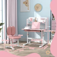 Set Scrivania e Sedia per Bambini Regolabili, Banco Scuola con Piano Inclinabile, Cassetto, Scaffale, Rosa