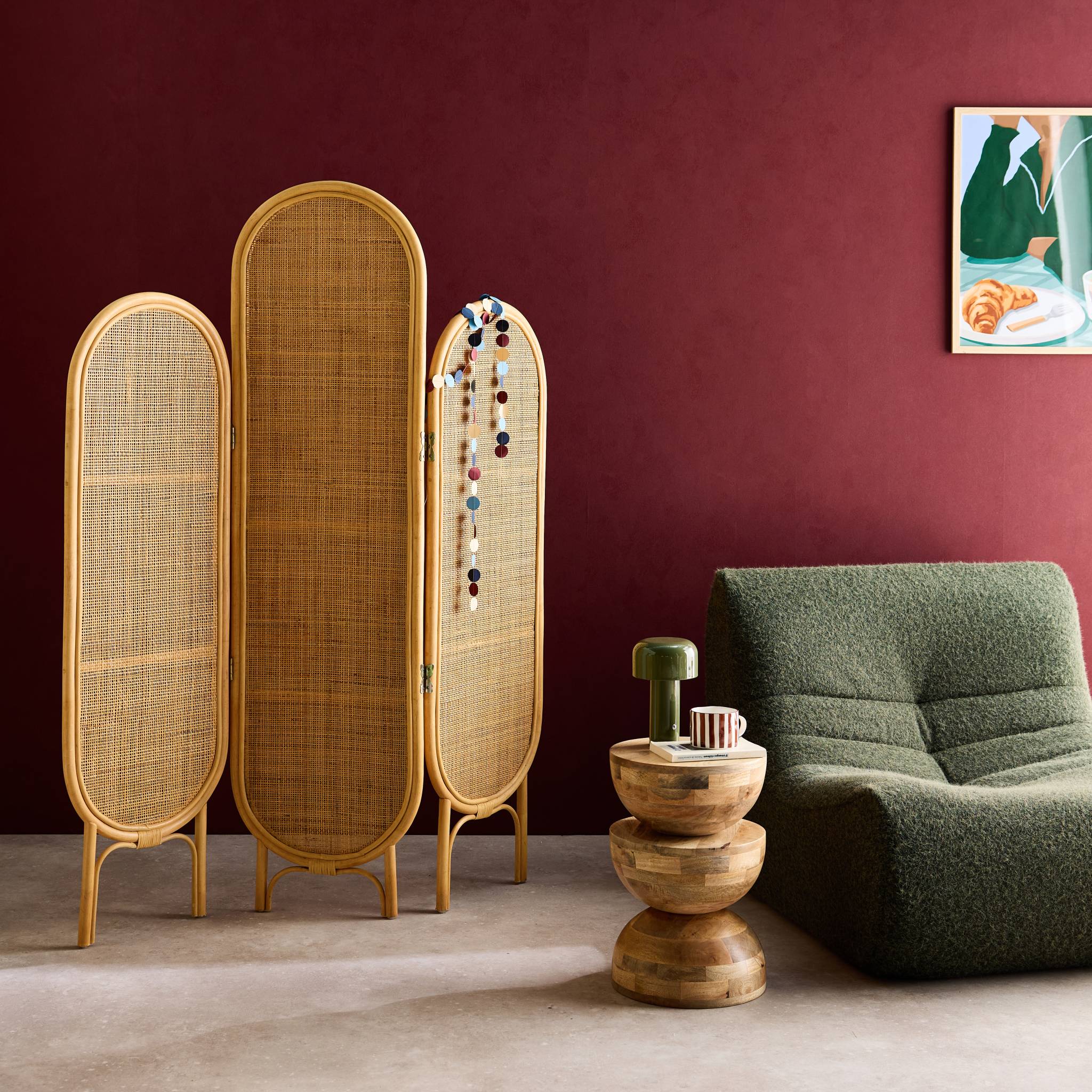 Paravento pieghevole da interno in rattan, marrone naturale