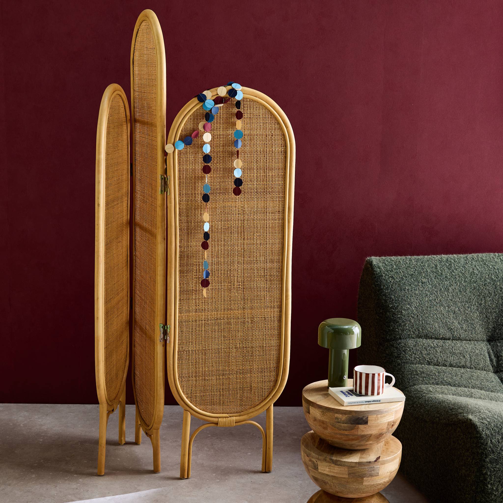 Paravento pieghevole da interno in rattan, marrone naturale