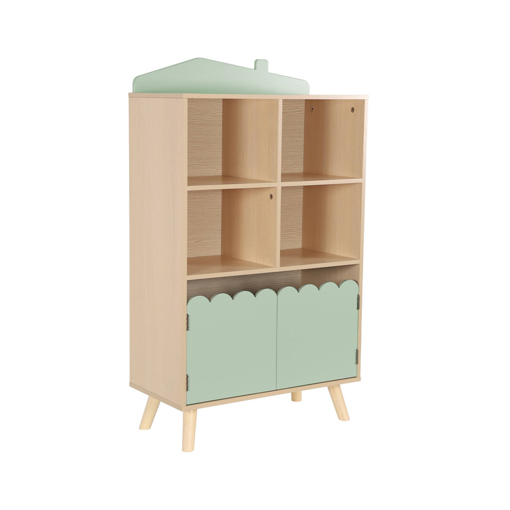 Biblioteca per bambini in legno di pino 2 porte 4 scaffali, verde