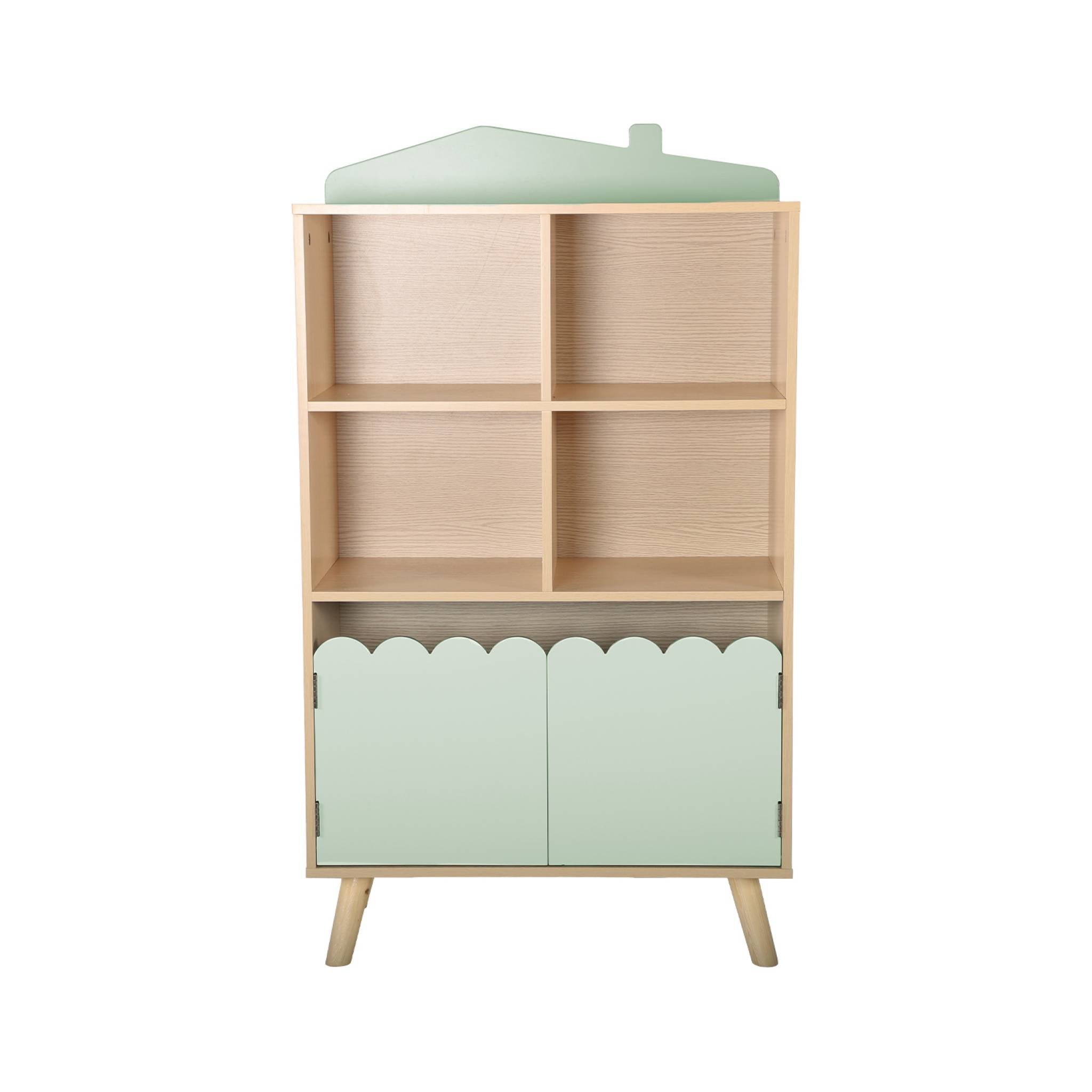 Biblioteca per bambini in legno di pino 2 porte 4 scaffali, verde