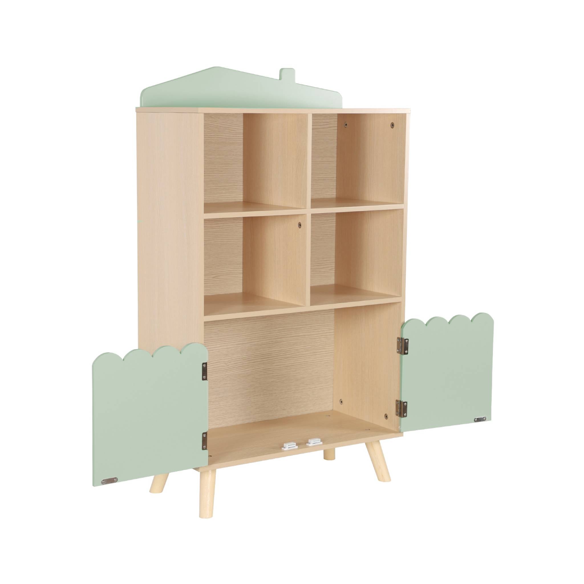 Biblioteca per bambini in legno di pino 2 porte 4 scaffali, verde