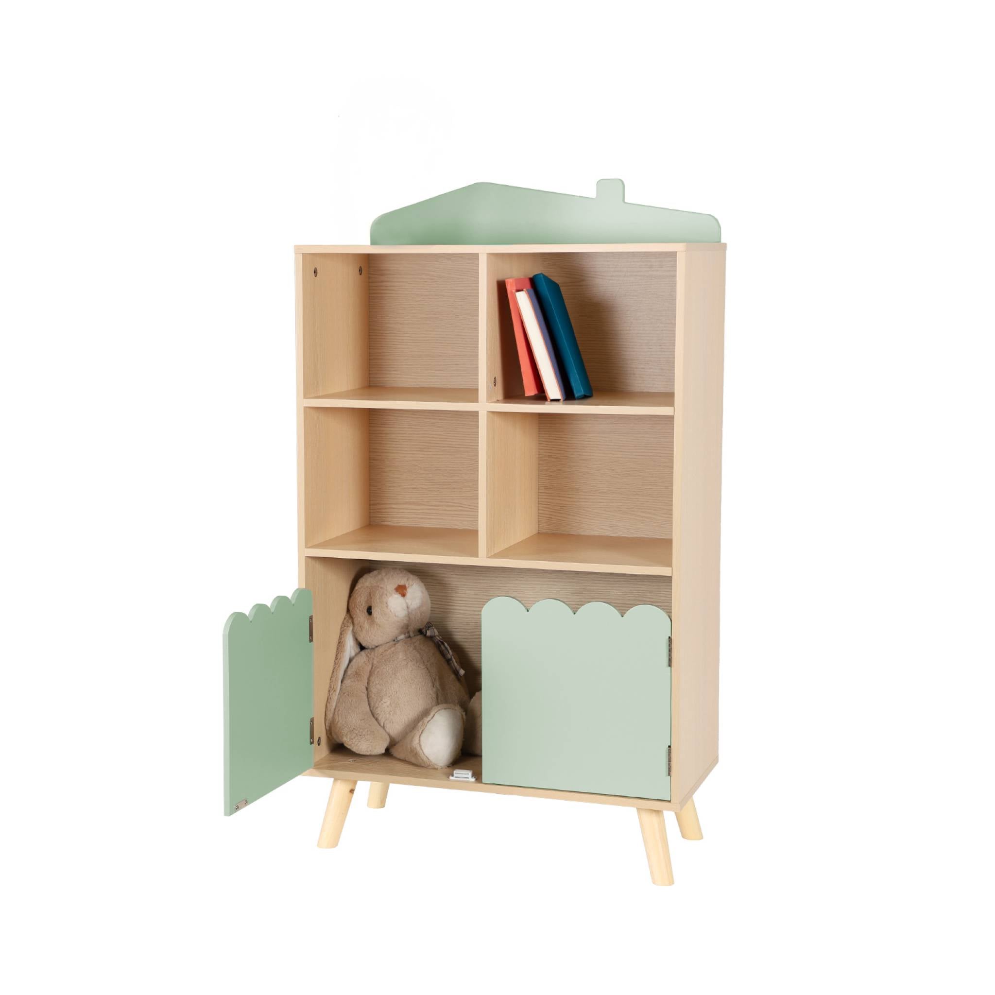 Biblioteca per bambini in legno di pino 2 porte 4 scaffali, verde