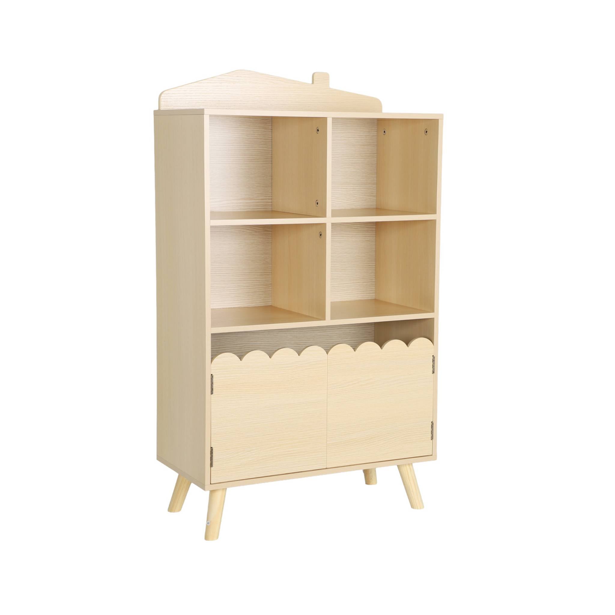 Biblioteca per bambini in legno di pino 2 porte e 4 scaffali, marrone