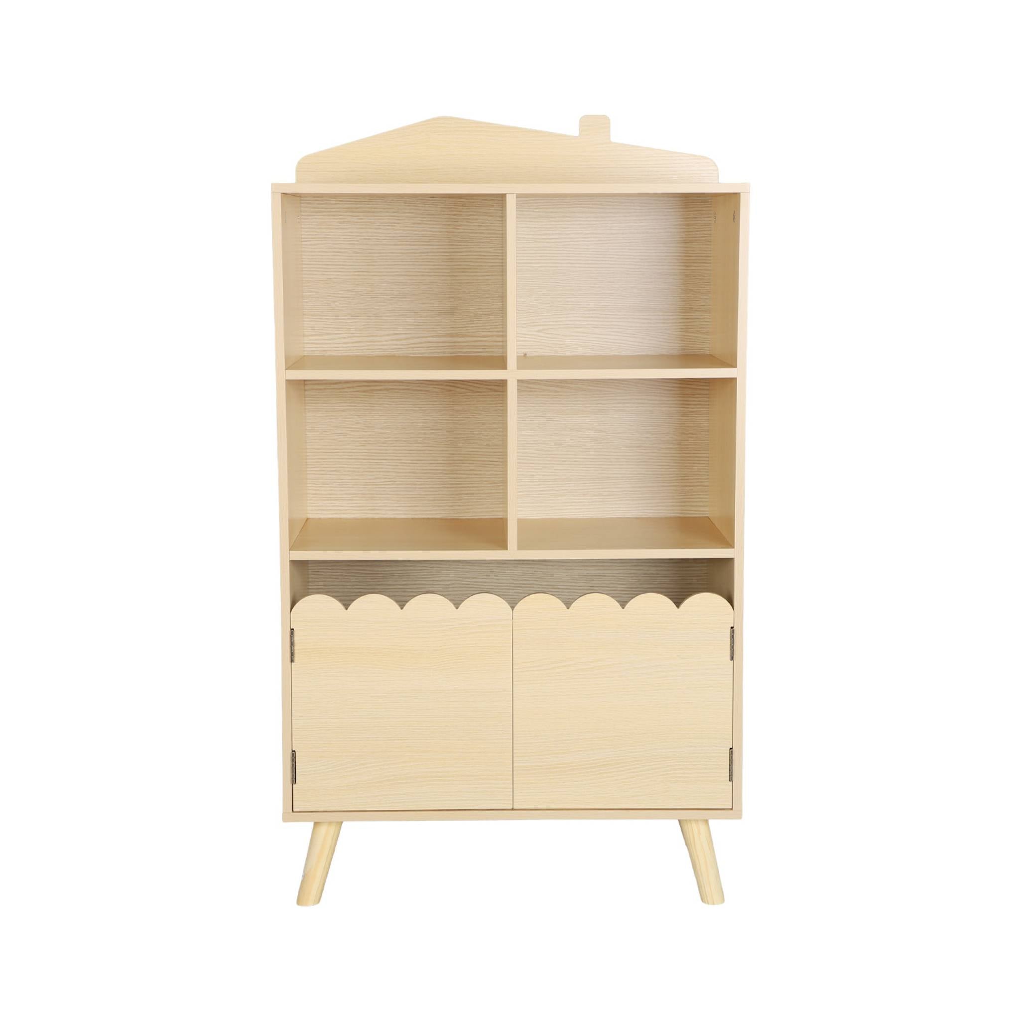 Biblioteca per bambini in legno di pino 2 porte e 4 scaffali, marrone