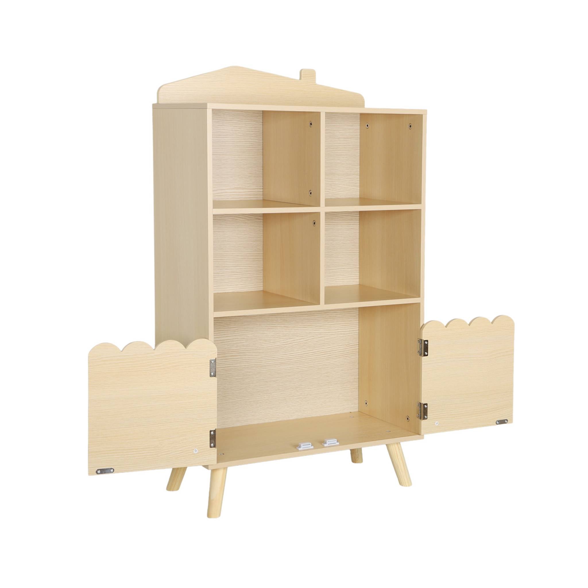 Biblioteca per bambini in legno di pino 2 porte e 4 scaffali, marrone