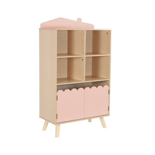 Biblioteca per bambini in legno di pino 2 porte 4 scaffali, rosa