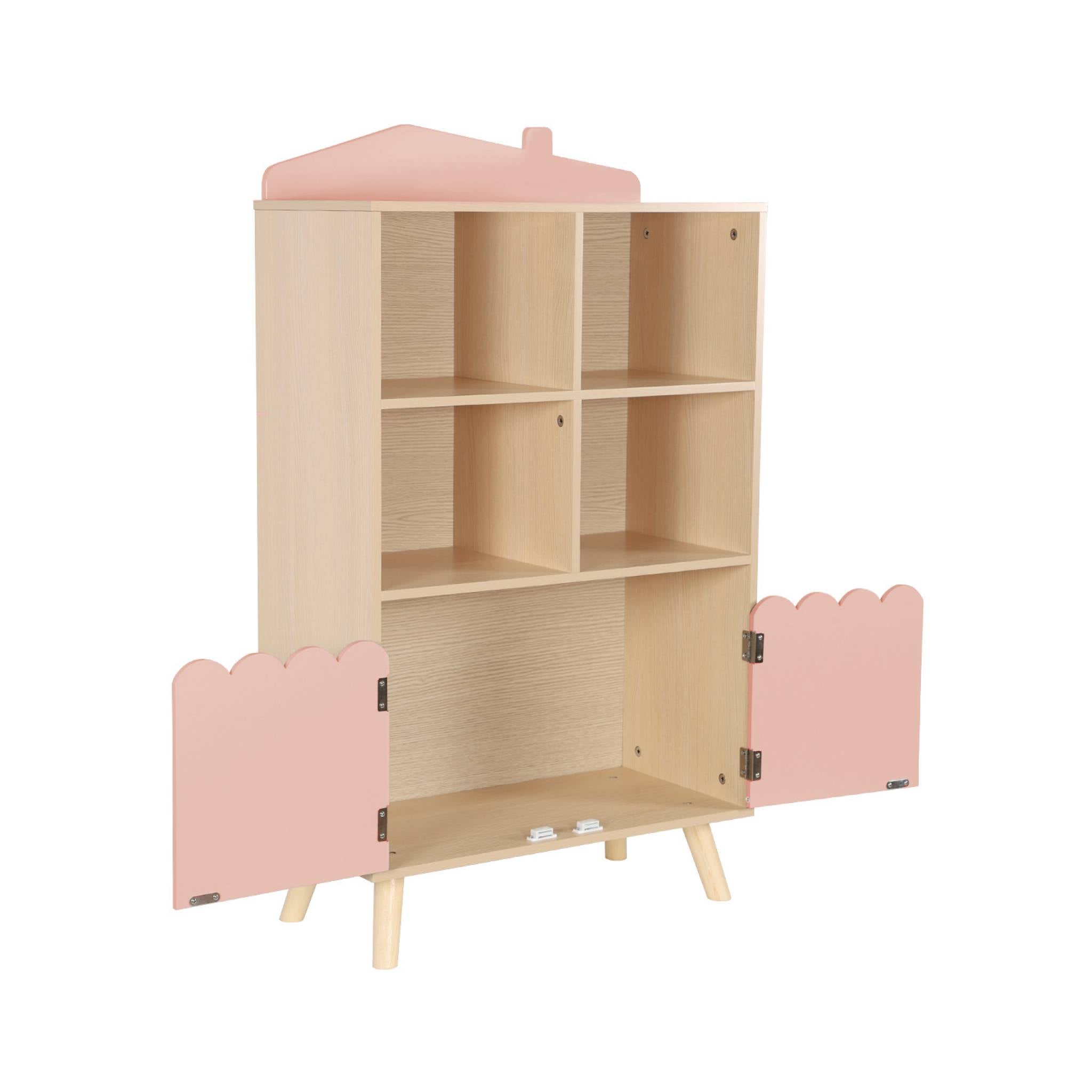 Biblioteca per bambini in legno di pino 2 porte 4 scaffali, rosa