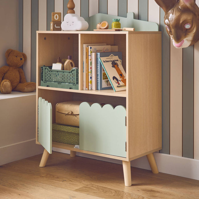 Libreria per bambini a 2 ripiani e 2 ante, verde