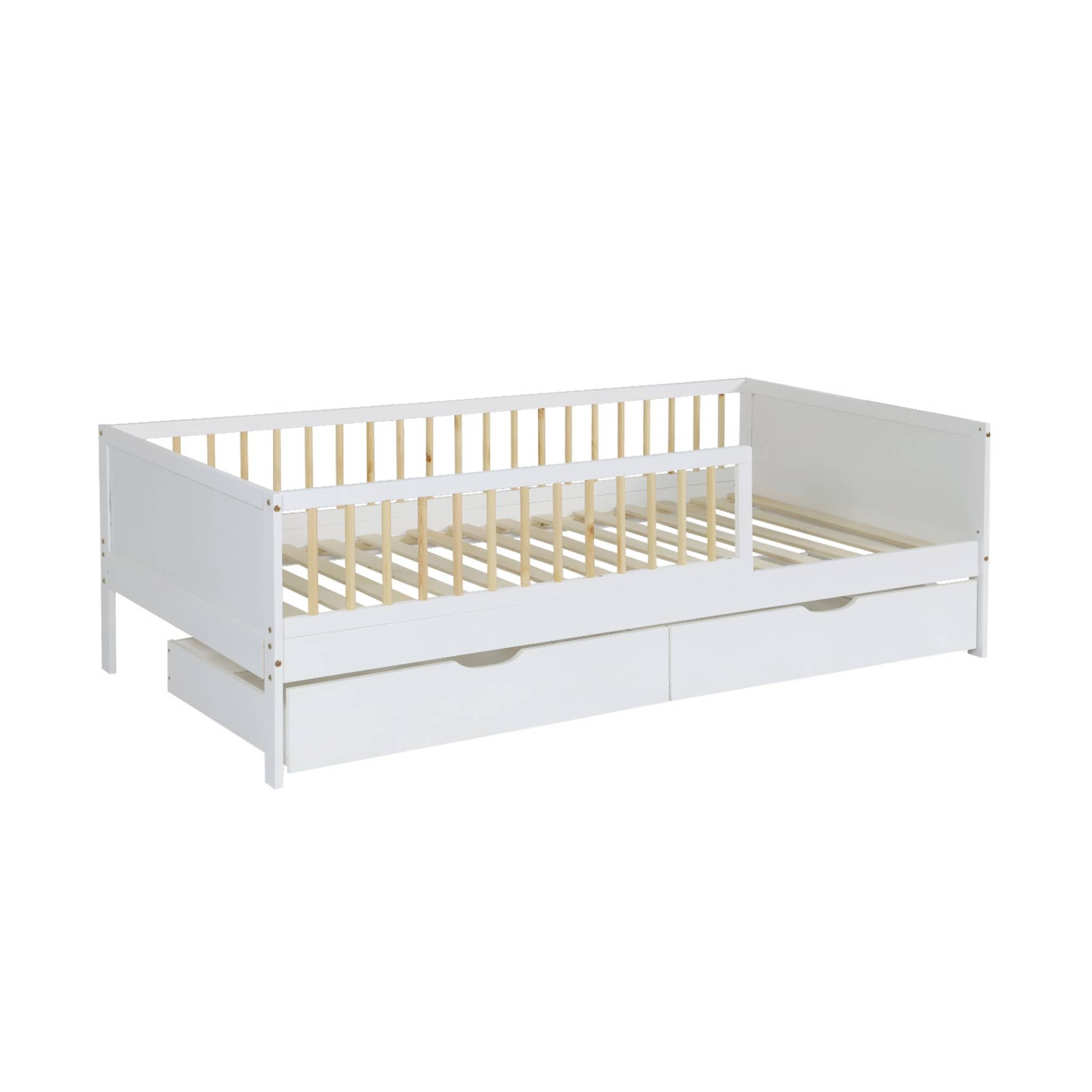 Letto per bambini 190 cm in pino naturale con rete a doghe e cassetti,