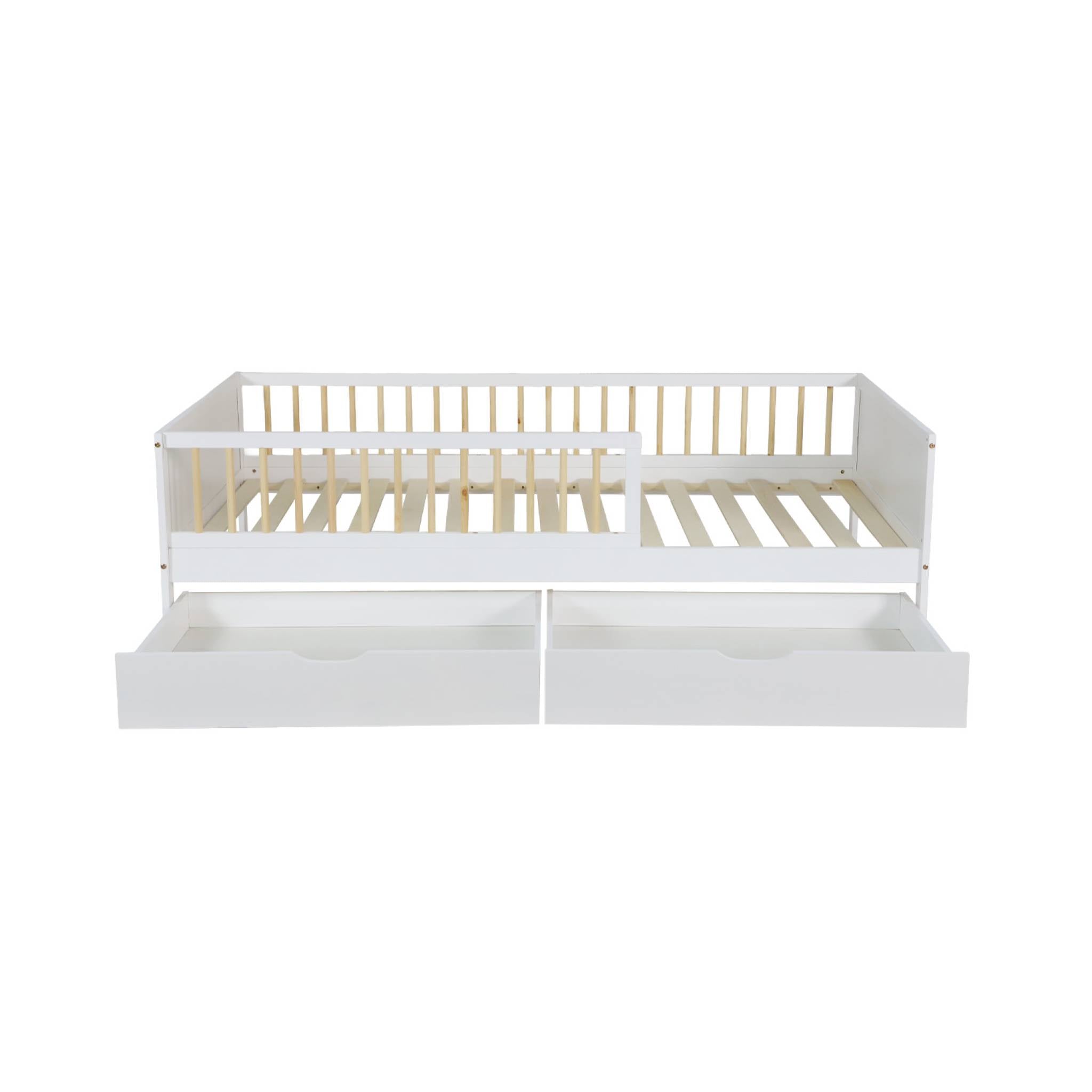 Letto per bambini 190 cm in pino naturale con rete a doghe e cassetti,