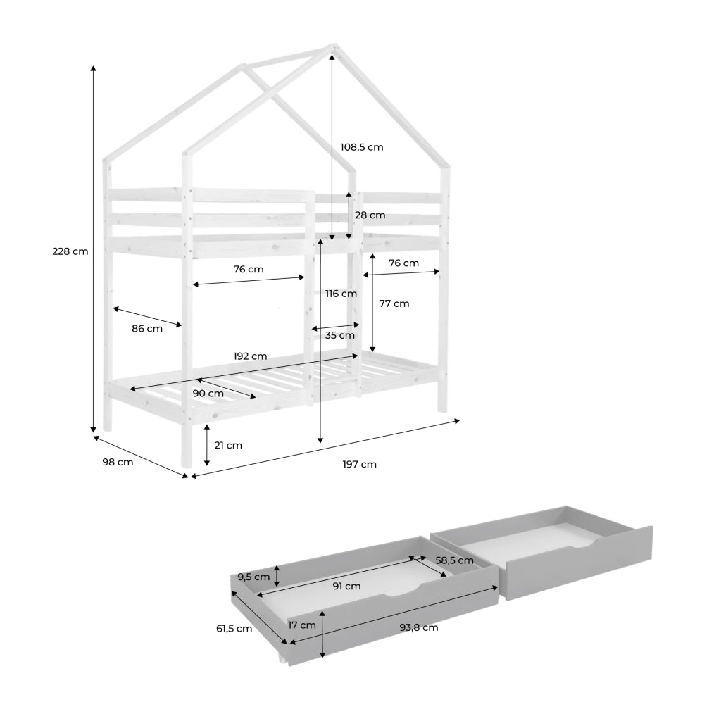 Letto a castello per bambini cabina 190 cm pino naturale con cassetti,