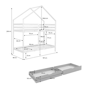 Letto a castello per bambini cabina 190 cm pino naturale con cassetti,