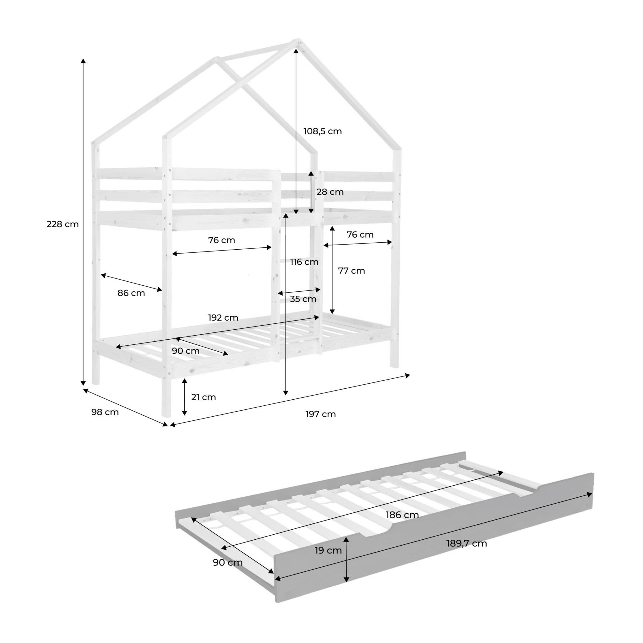 Letto a castello per bambini cabina 190 cm pino naturale con cassetto,