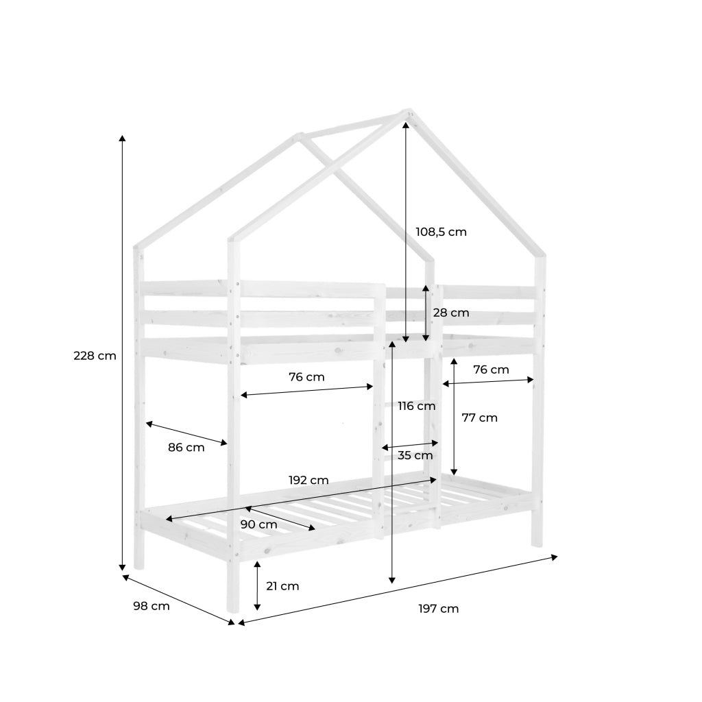 Letto a castello per bambini a forma di capanna 190cm in pino