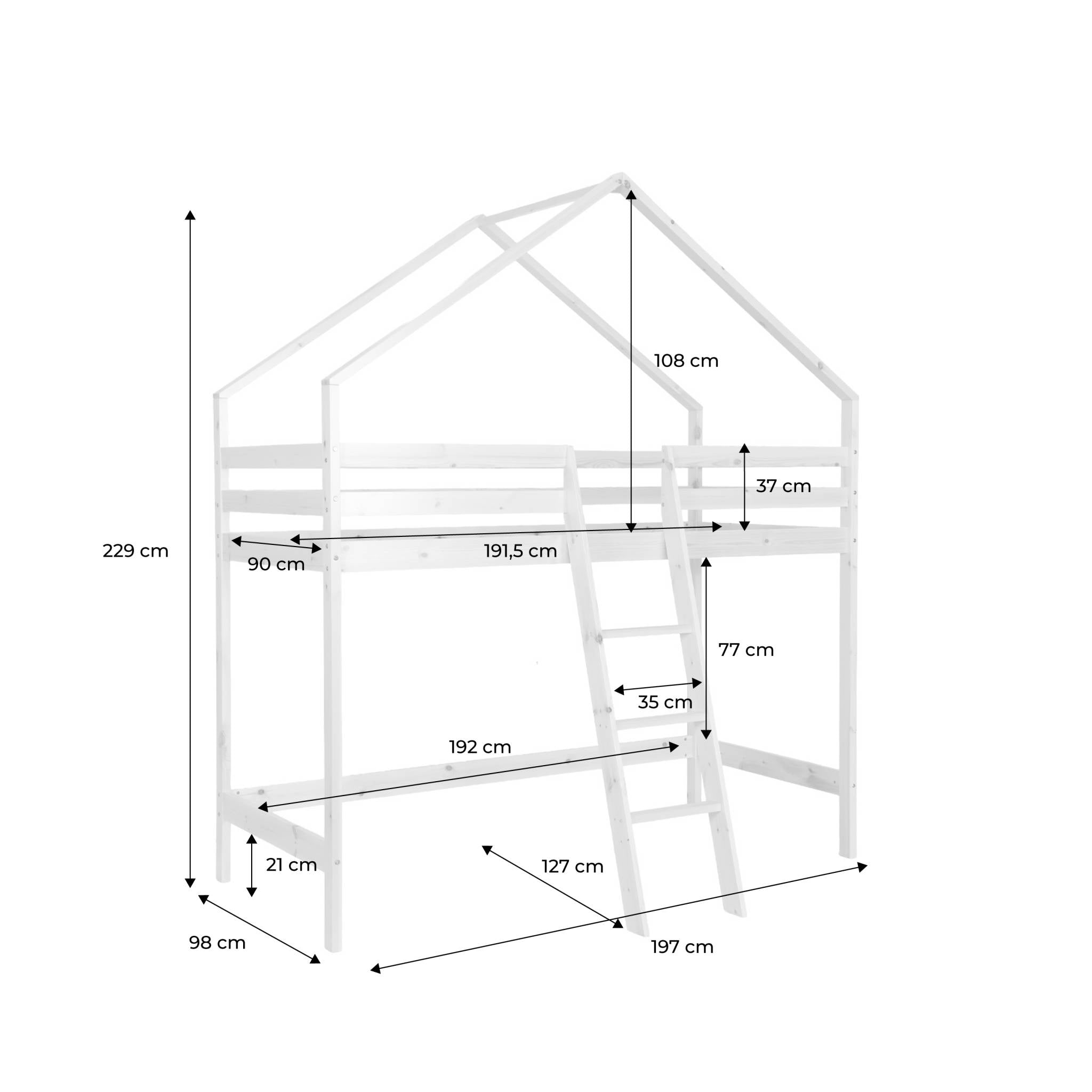 Letto a soppalco per bambini cabina 190cm in pino naturale, marrone