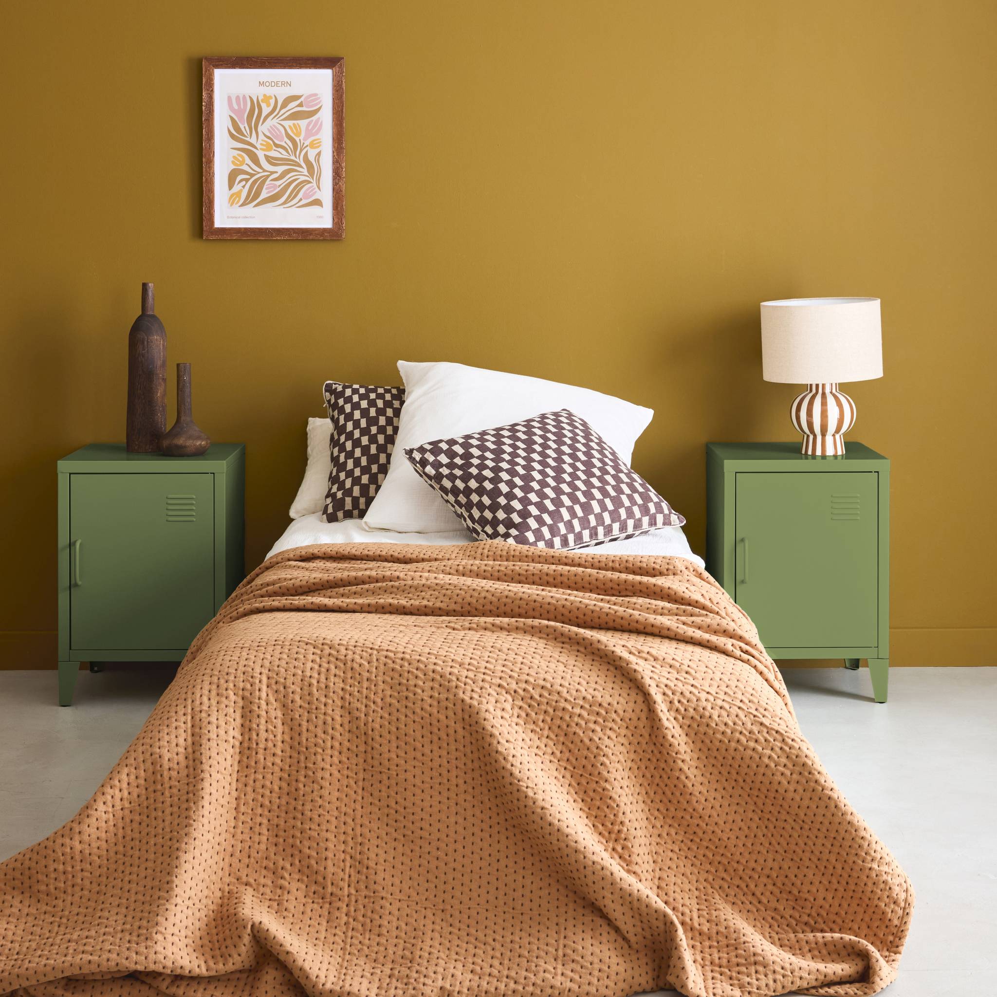 Set di 2 comodini industriali, 1 anta, verde kaki