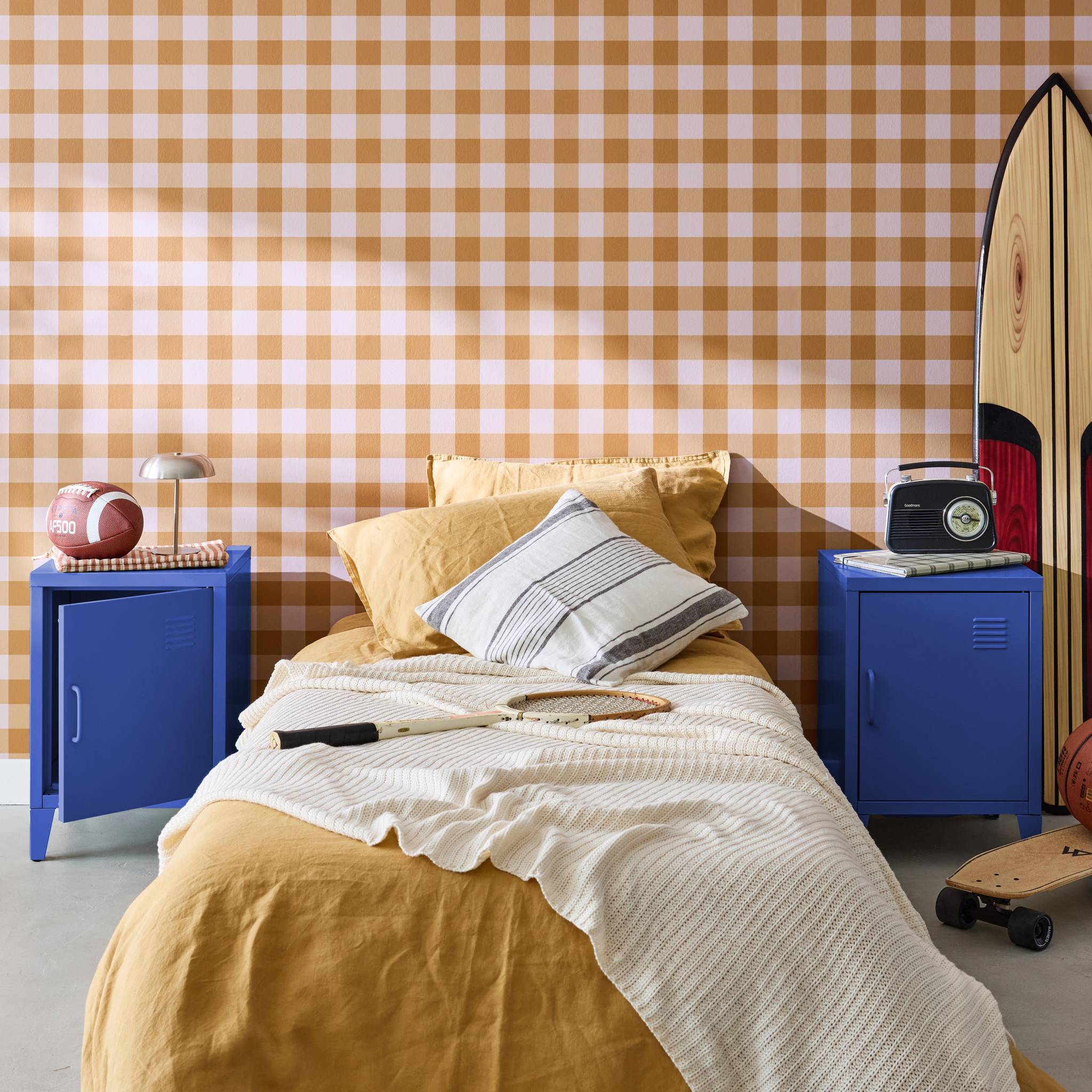 Set di 2 comodini industriali, 1 anta, blu