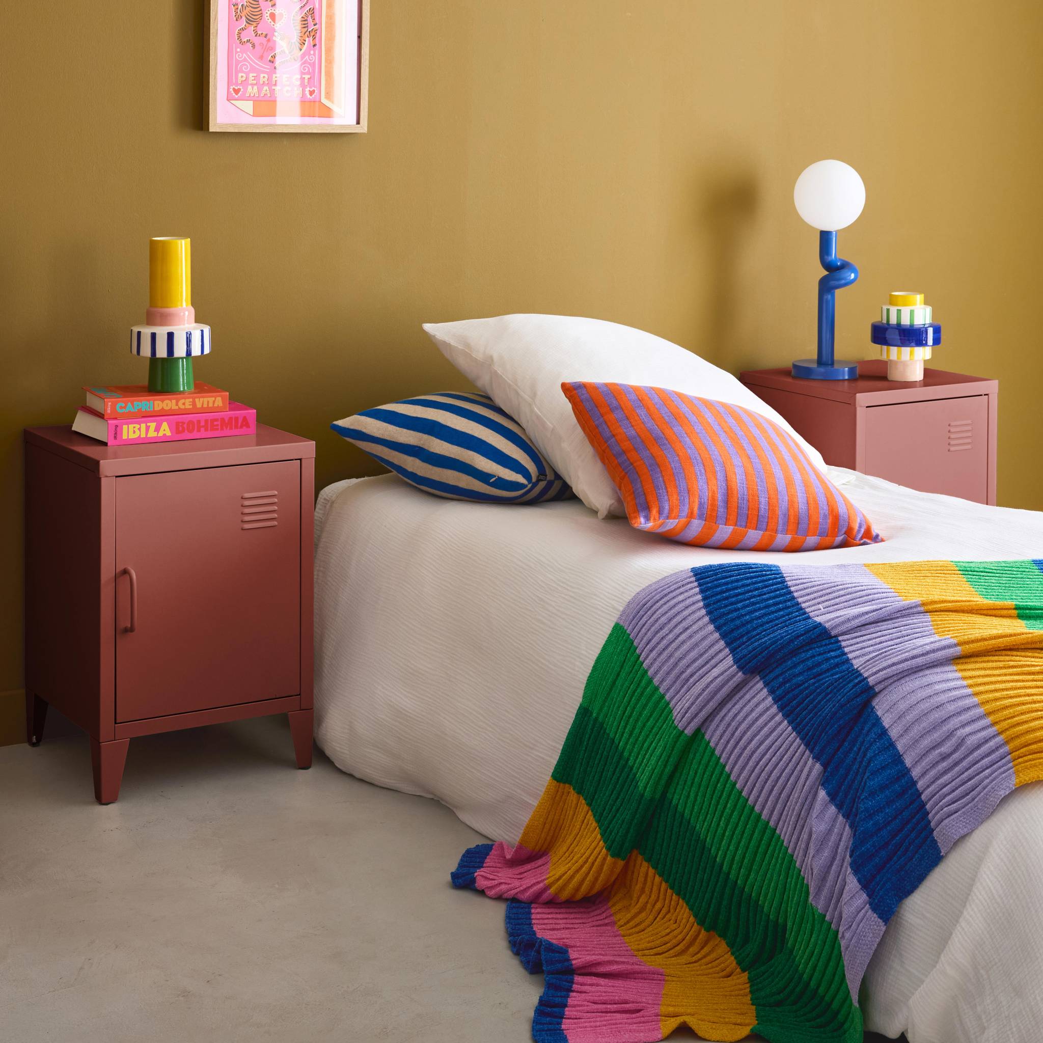 Set di 2 comodini industriali, 1 anta, terracotta