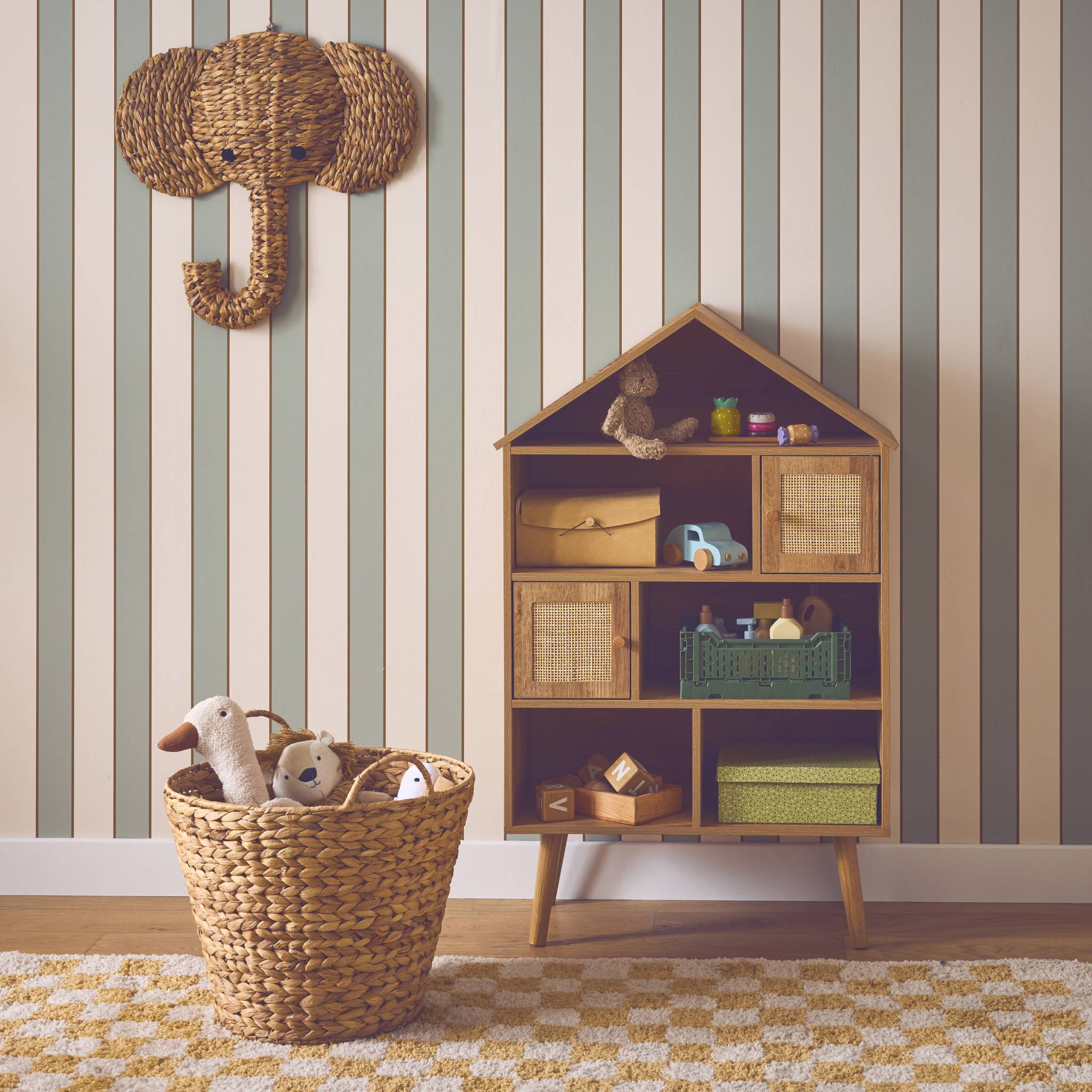 Libreria per bambini effetto legno e canna, 7 scomparti, marrone