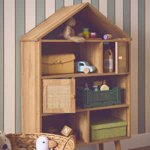 Libreria per bambini effetto legno e canna, 7 scomparti, marrone