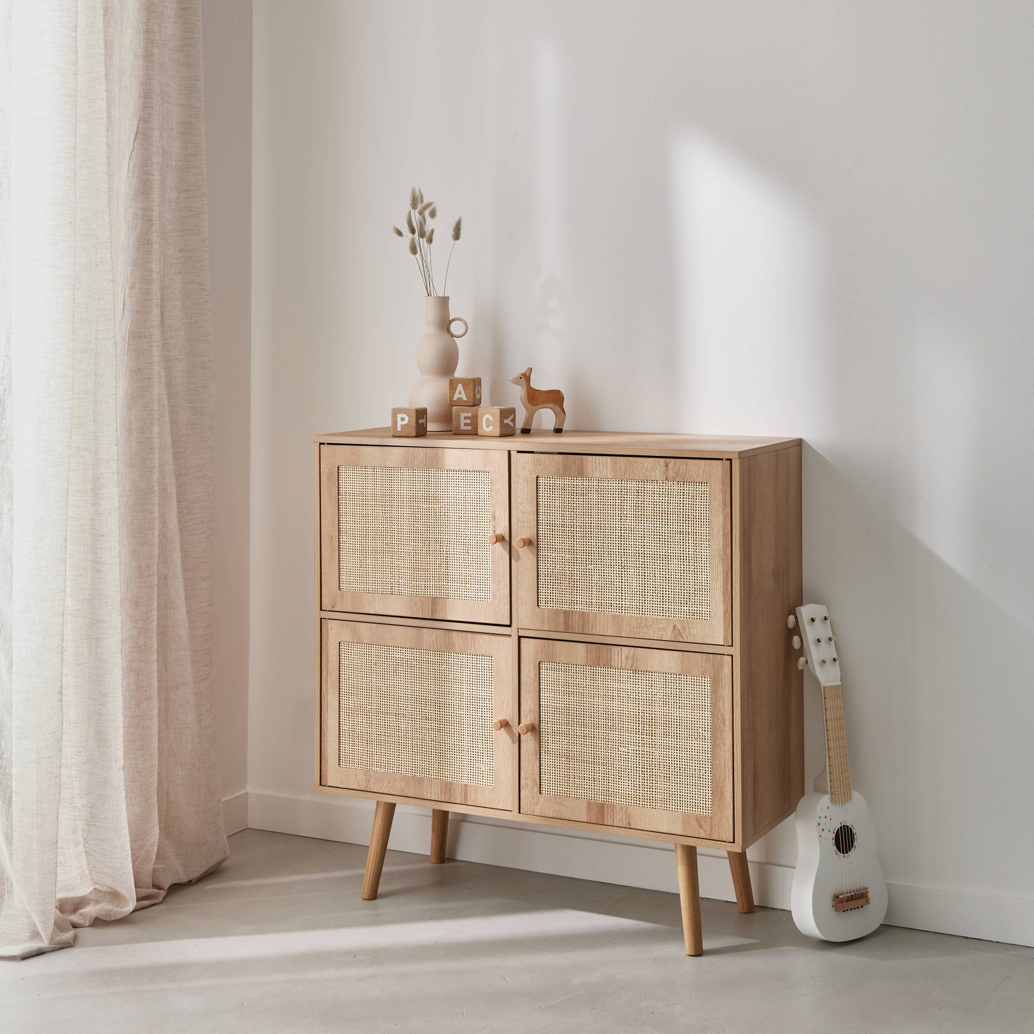 Cassettiera per bambini a 4 ante effetto legno, marrone naturale