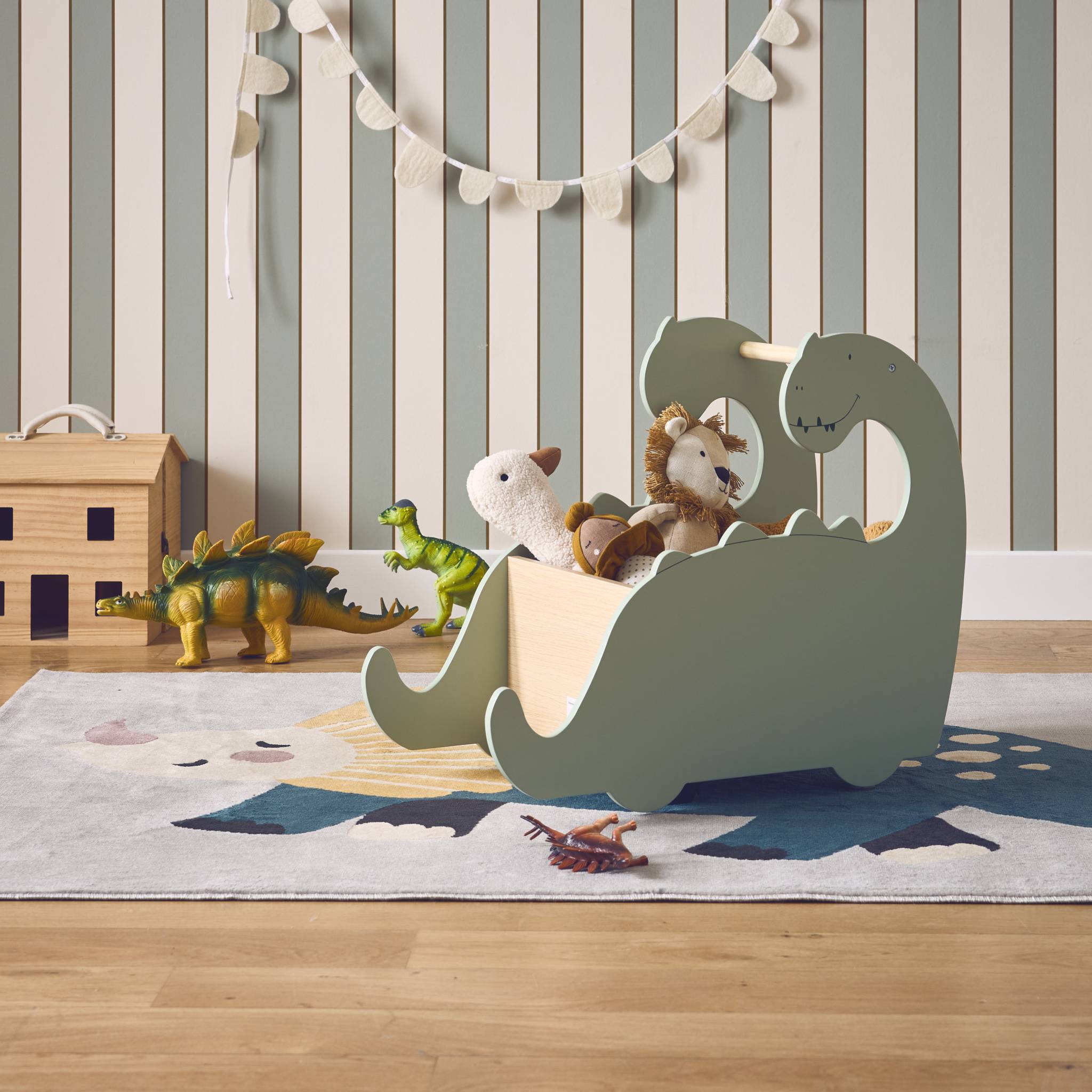 Scatola portagiochi con ruote per bambini dinosauri, verde