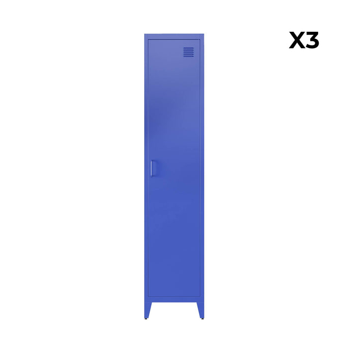 Set di 3 armadi camera industriale, 4 vani, blu