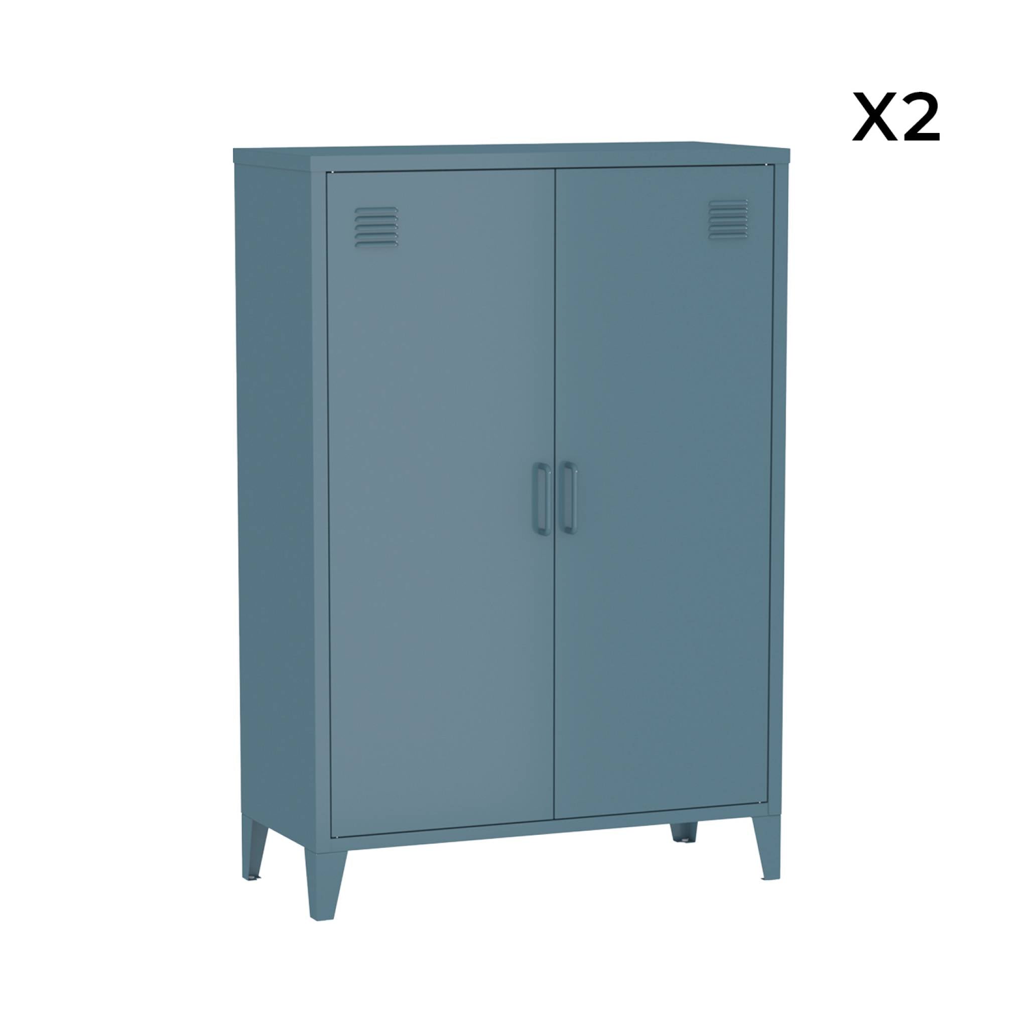 Set di 2 armadietti in metallo, 2 ante, blu grigio