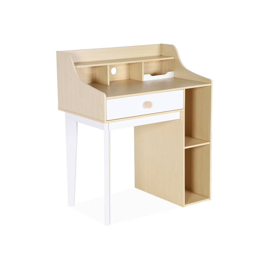 Scrivania per bambini con cassetto e ripiani, bianco e naturale