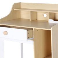 Scrivania per bambini con cassetto e ripiani, bianco e naturale