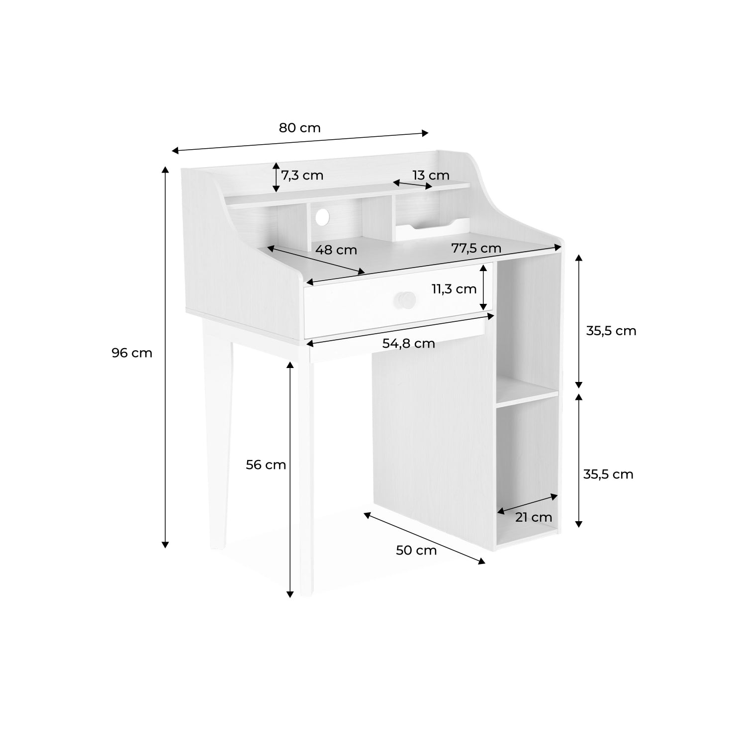 Scrivania per bambini con cassetto e ripiani, bianco e naturale