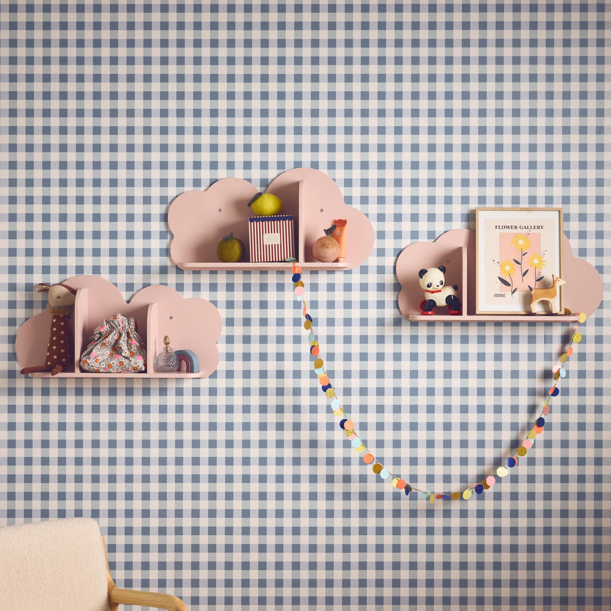 Mensole da parete nuvole per la cameretta dei bambini, set di 3, rosa