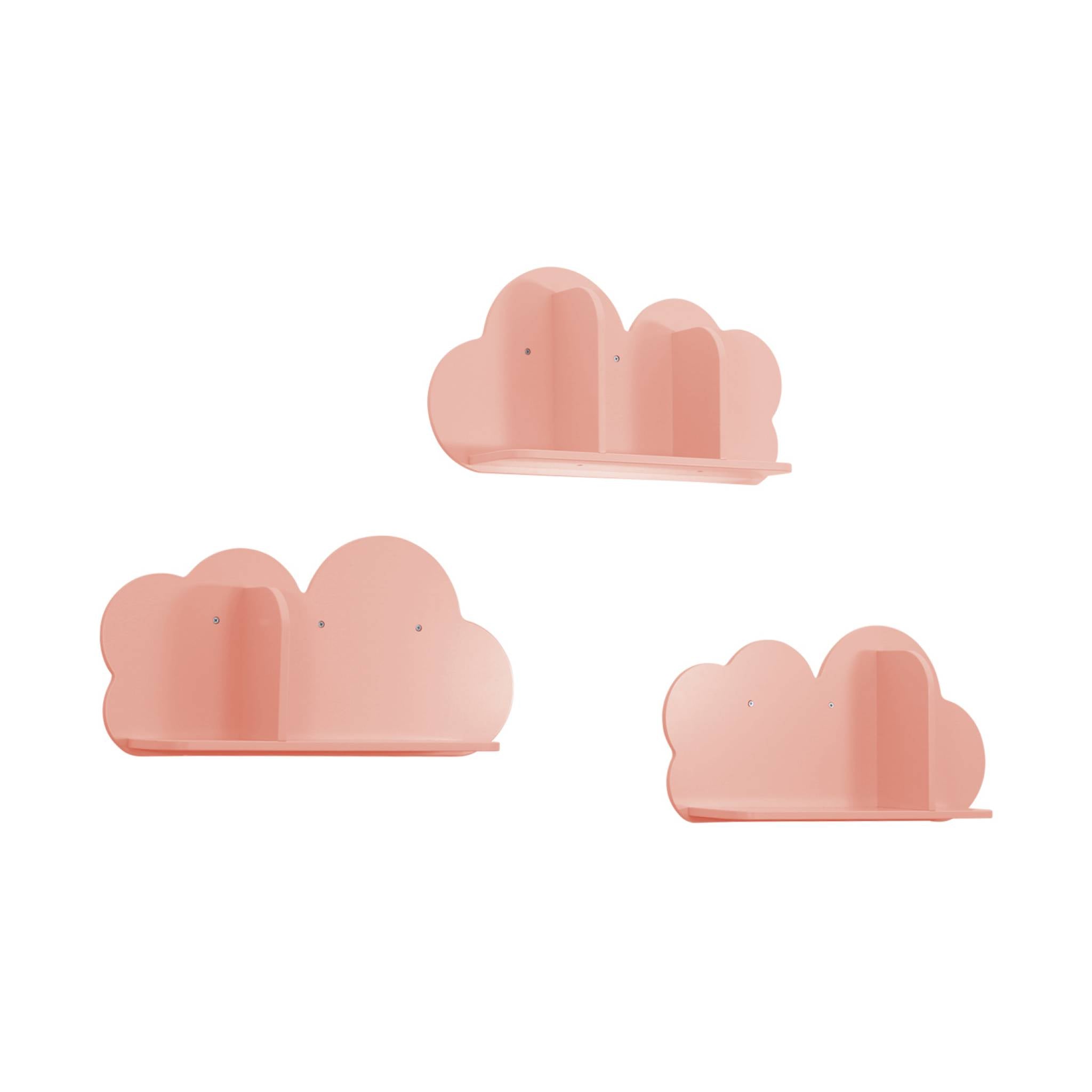 Mensole da parete nuvole per la cameretta dei bambini, set di 3, rosa