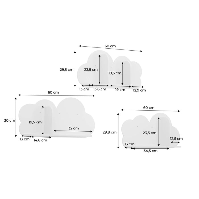 Mensole da parete nuvole per la cameretta dei bambini, set di 3, rosa