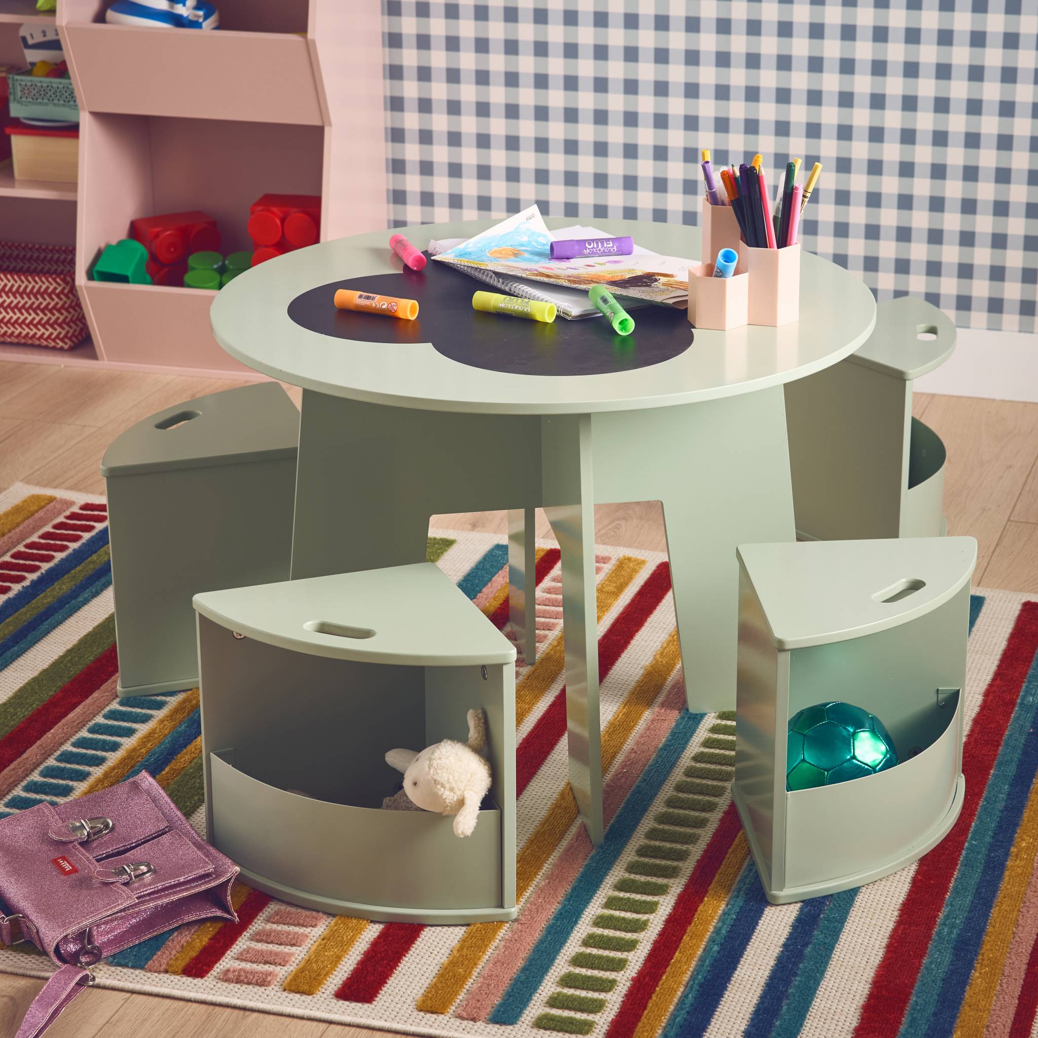 Tavolo con ardesia e 4 sedie con contenitore per bambini, verde