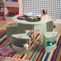 Tavolo con ardesia e 4 sedie con contenitore per bambini, verde