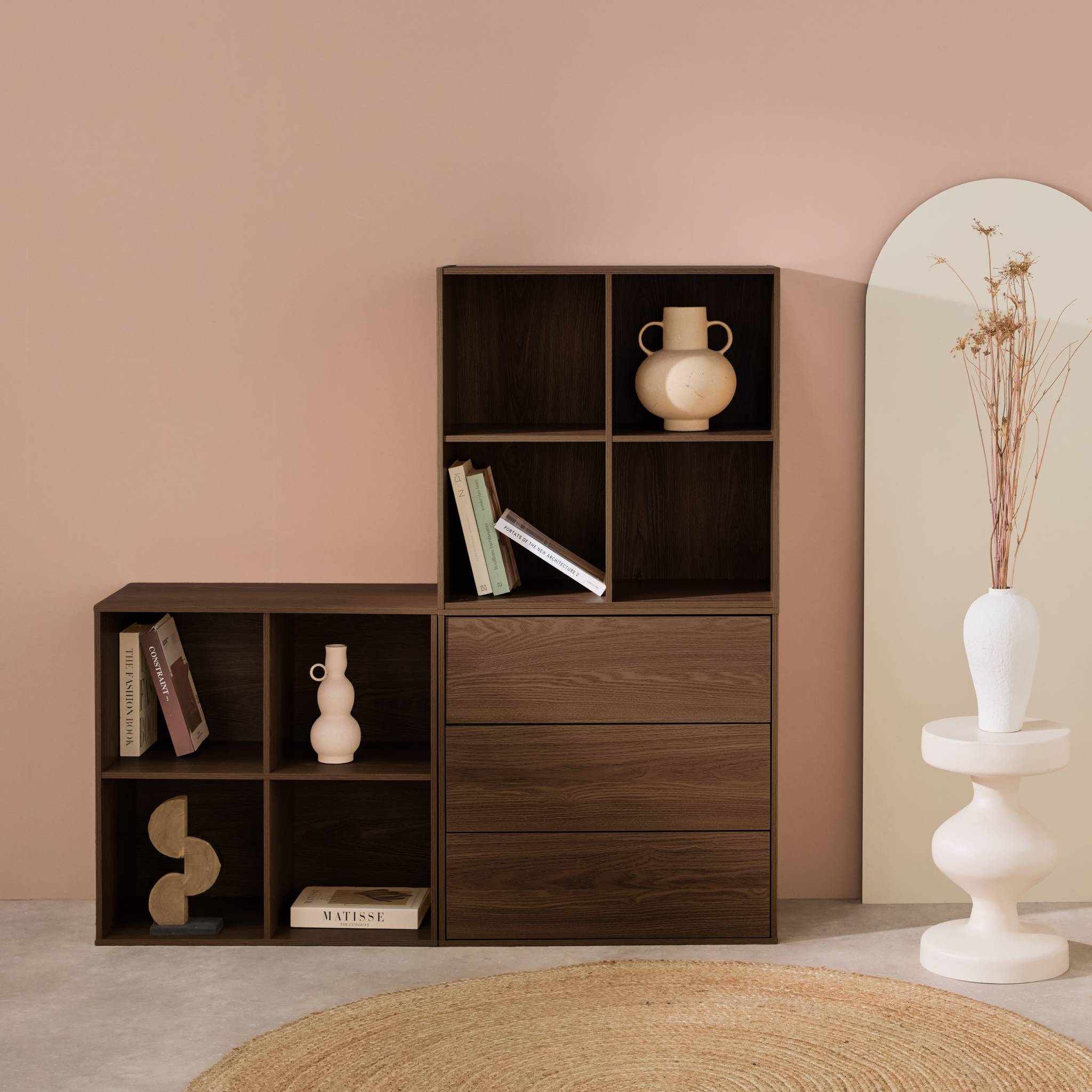 Libreria modulare in legno, 3 cassetti 8 vani, noce