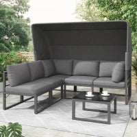 Set di mobili da giardino a 4 pezzi, divano 3 posti con tenda, 2 poltrone singole e tavolino da caffè, 176x178x145 cm, Grigio