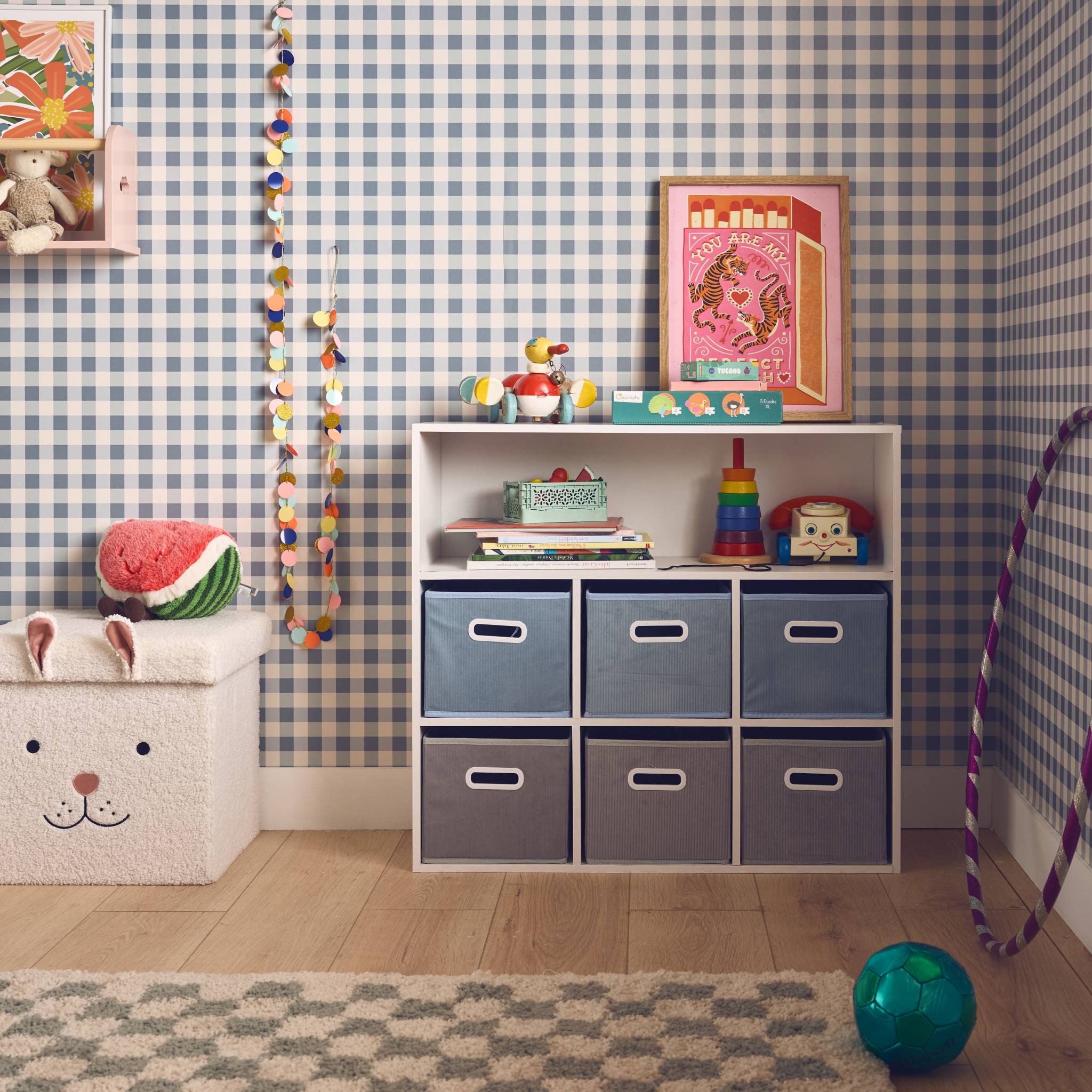 Libreria per bambini con 6 cestini in velluto, blu