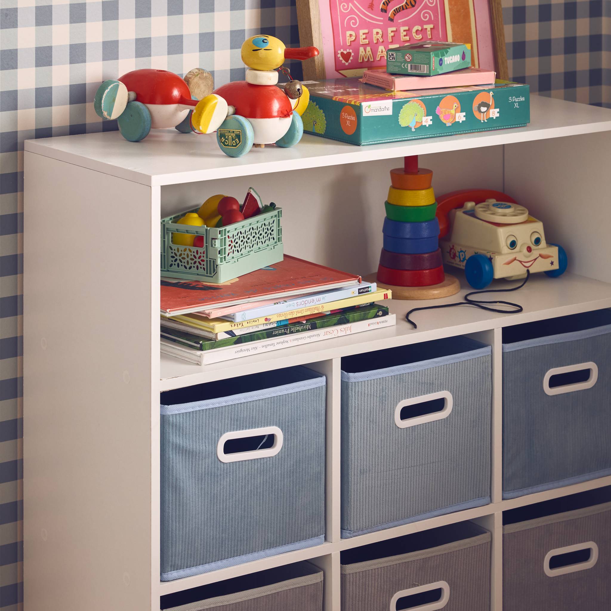 Libreria per bambini con 6 cestini in velluto, blu