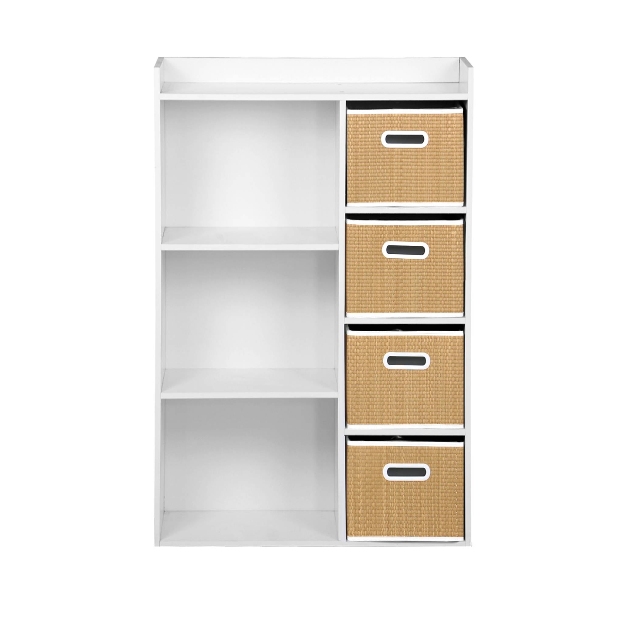 Libreria per bambini con 4 cestini in fibra vegetale, naturale