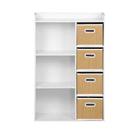 Libreria per bambini con 4 cestini in fibra vegetale, naturale