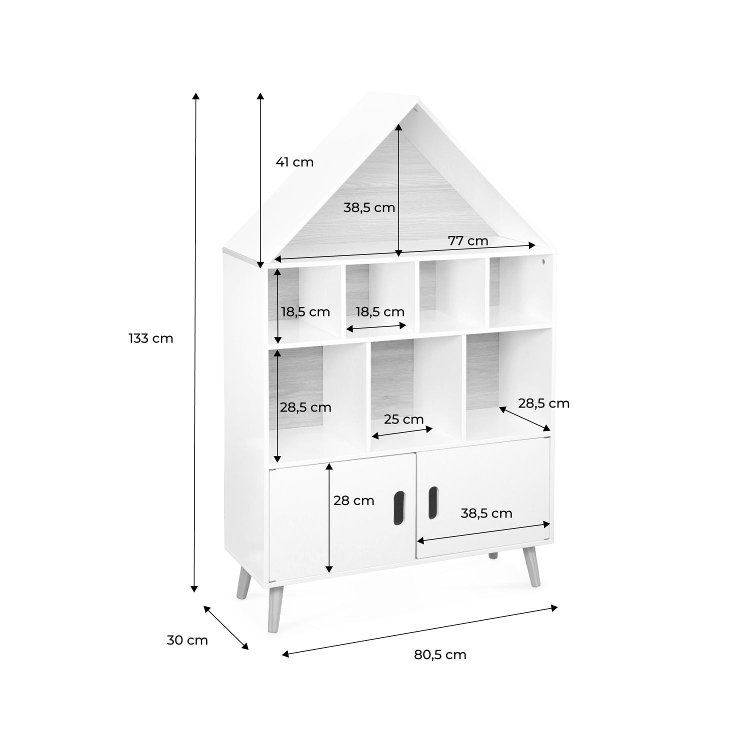 Scaffale per bambini in legno a forma di casa, bianco
