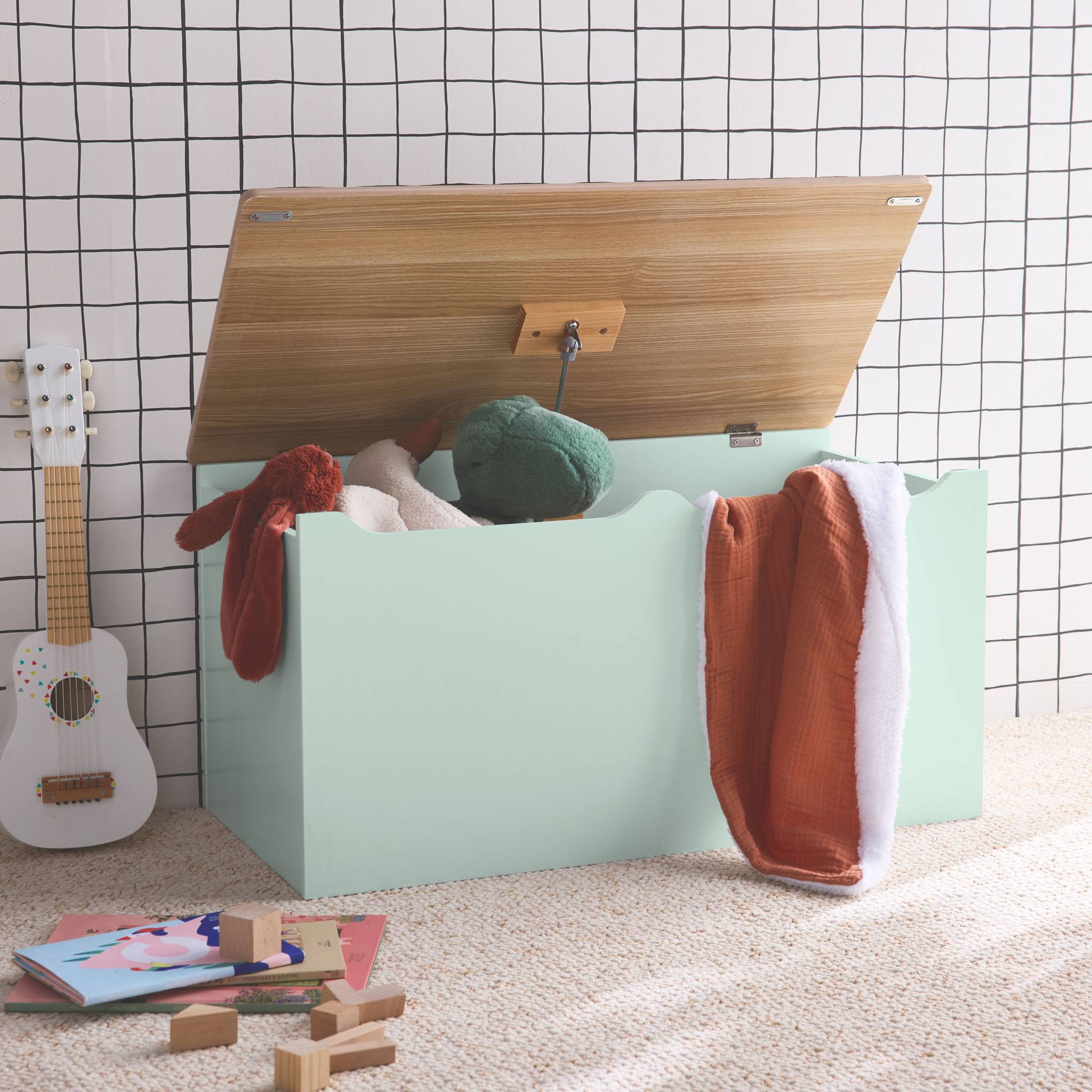 Cassettone per giochi effetto legno bianco, verde celadon