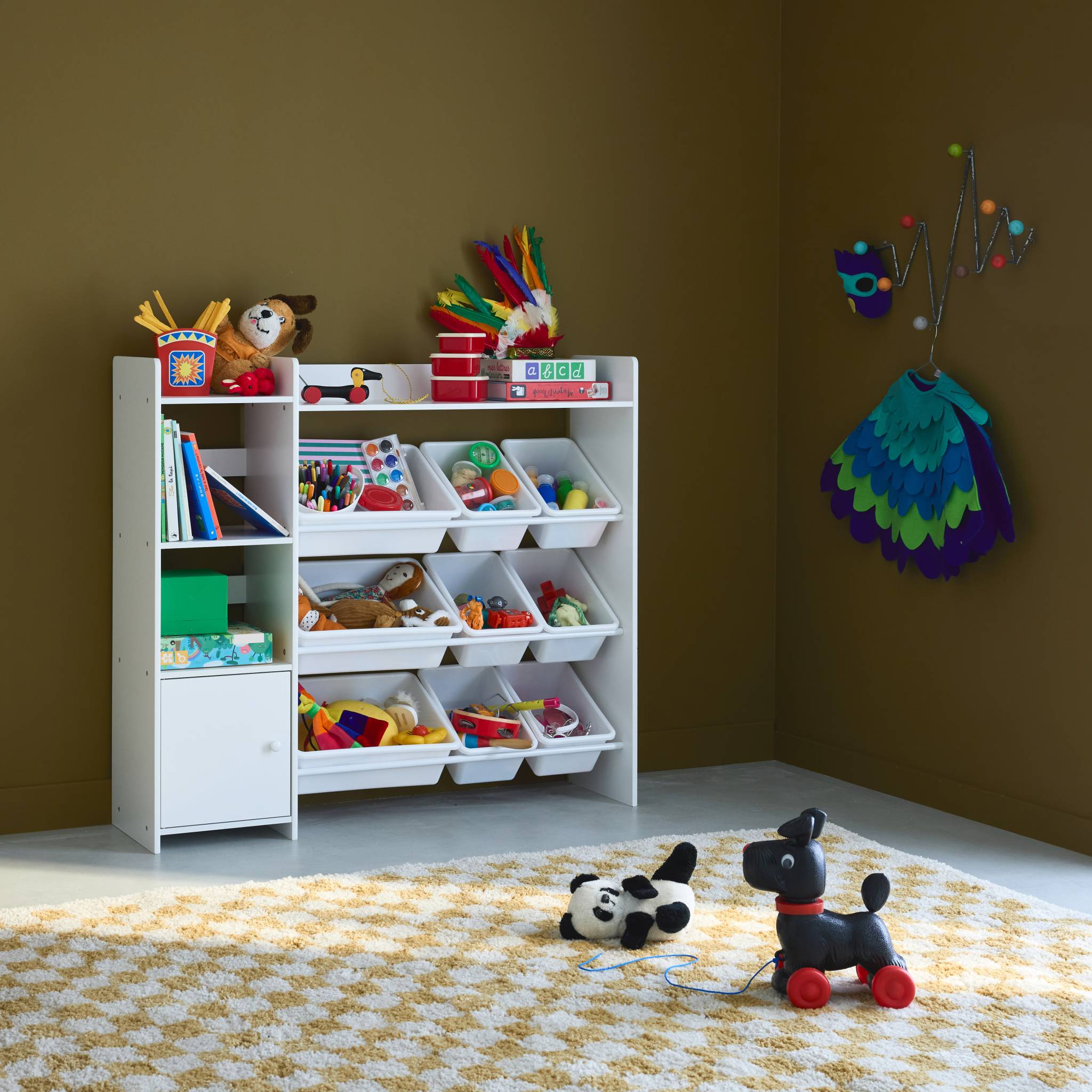 Contenitore per bambini con 9 contenitori, 4 ripiani, 1 anta, bianco