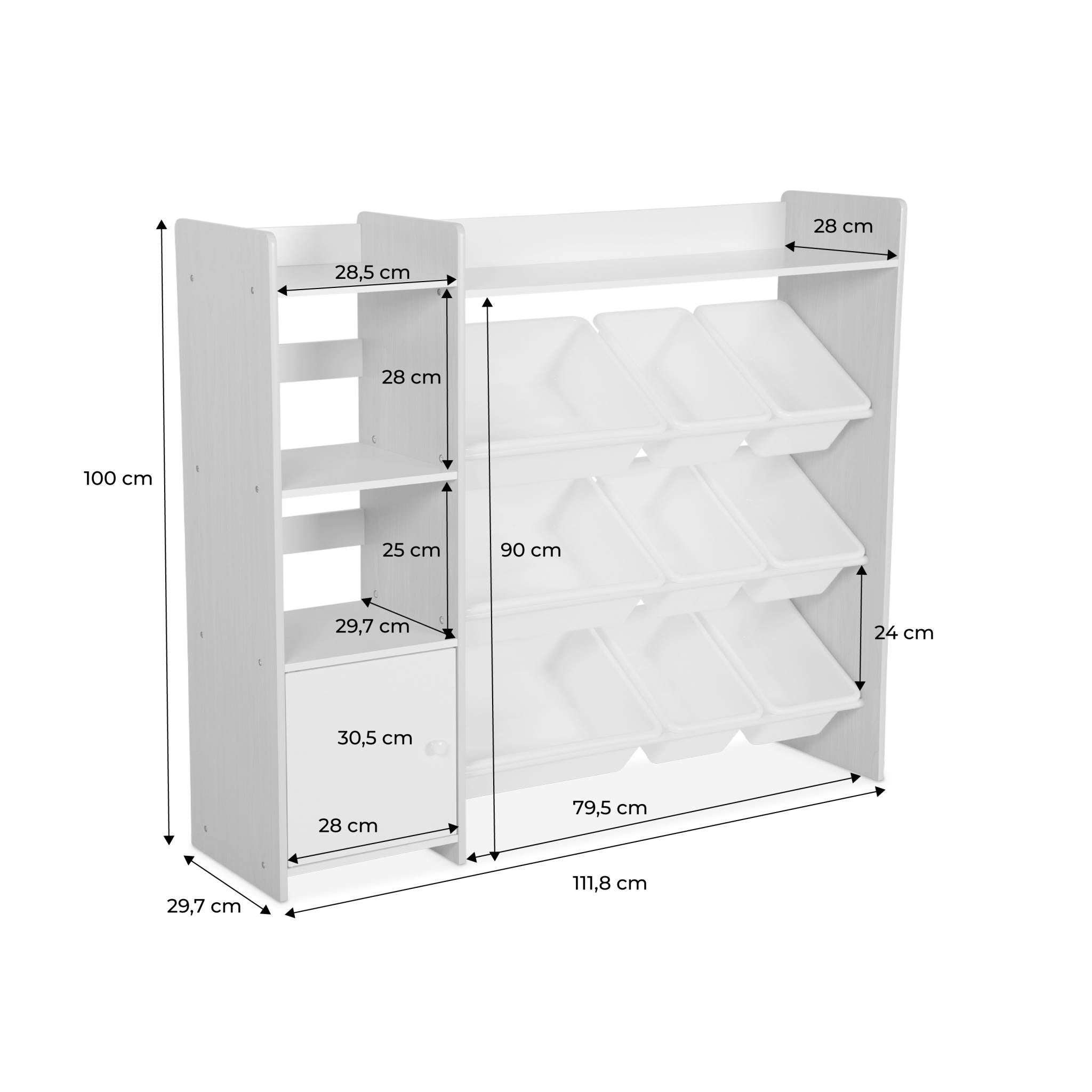 Contenitore per bambini con 9 contenitori, 4 ripiani, 1 anta, bianco