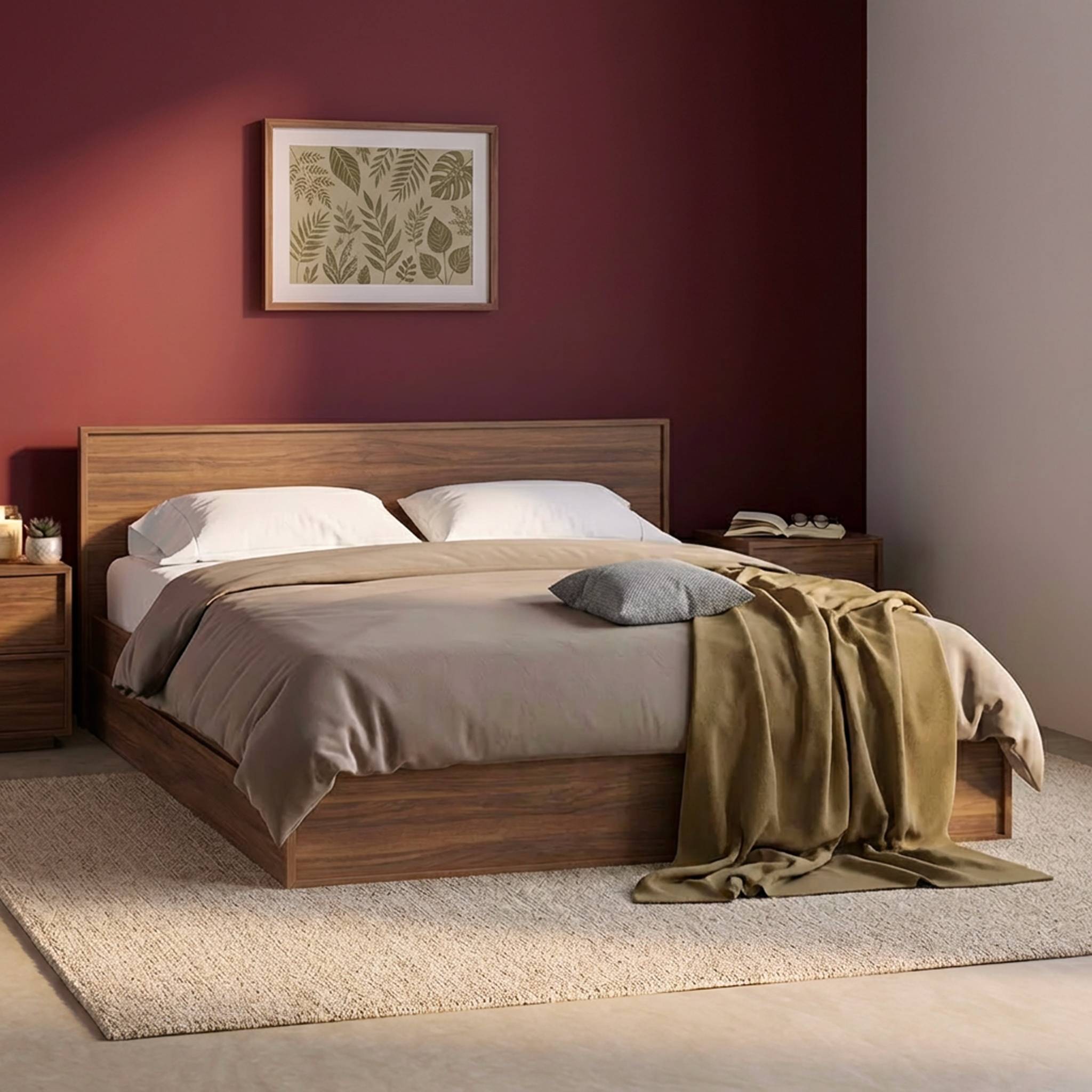 Letto con rete a doghe e testiera 160cm + 4 cassetti, noce